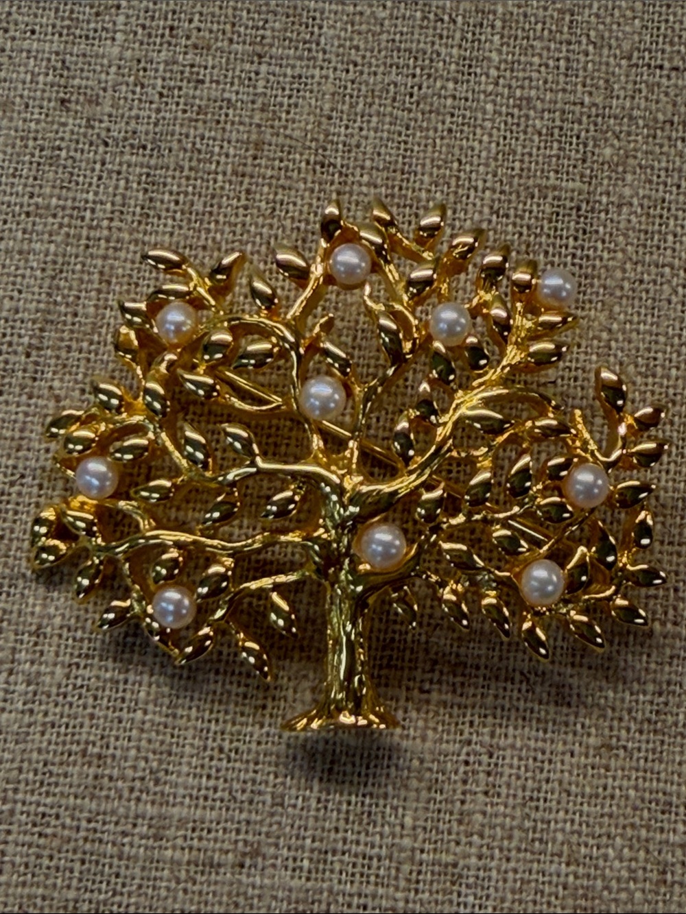 Unsigned Trifari Gold Tree of Life Brooch with Pearl Accents